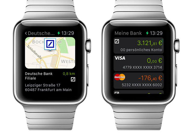 Deutsche Bank Apple Watch App Filialfinder Karte/ Finanzübersicht. (Foto: Deutsche Bank)