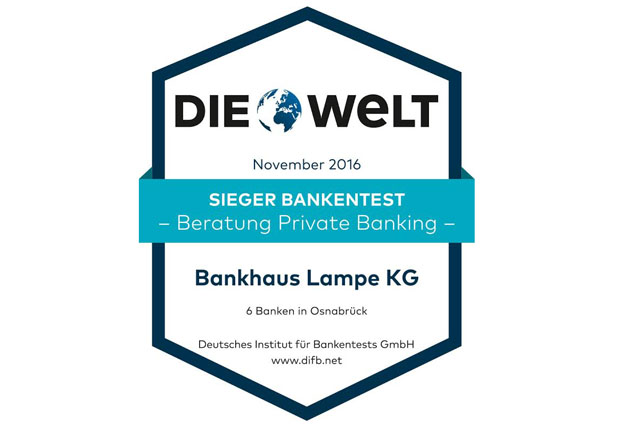 Niederlassung Osnabrück des Bankhaus Lampe schneidet mit „Sehr gut“ (Note:1,08) ab und ist Testsieger in der Region. (Bild: Deutsches Institut für Bankentest GmbH)