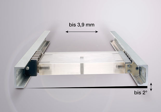 Die universell einsetzbaren Compact Rail-Laufrollenführungen von Rollon sind sehr robust und ermöglichen einen Toleranzausgleich durch Selbstausrichtung in zwei Ebenen.