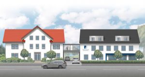 Dr. Roland Tomik wird neben der bisherigen Zentrale der gleichnamigen Steuerberatungs- und Wirtschaftsprüfungsgesellschaft ein weiteres Kanzleigebäude errichten. Entwurf: Anke Nollkämper, Illustration: KonText-Kontor. (Bild: KONTEXT)