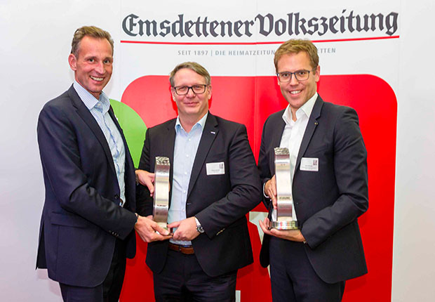 Emsdettens Vorzeige-Unternehmen holen „Wirtschafts-Oscar“: Raumfabrik Münster/Osnabrück GmbH & Co. KG und wedi GmbH sind „Emsdettener Unternehmen des Jahres 2018“ (Foto: Bernd Oberheim/Emsdettener Volkszeitung)