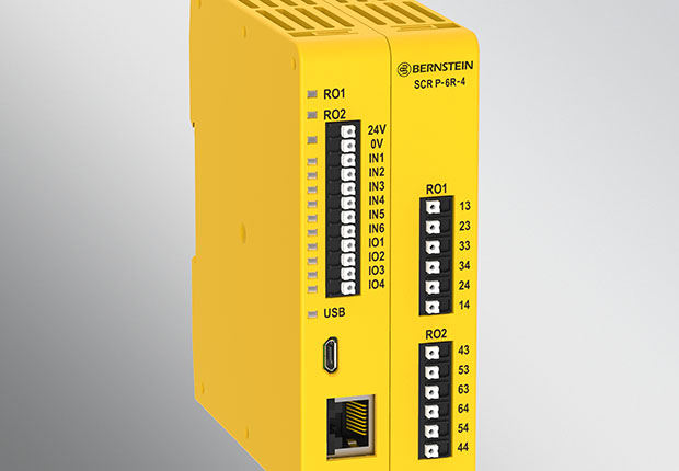 Wo bisher vielfach mehrere Sicherheitsrelais benötigt wurden, kommt nun das neu entwickelte, programmierbare SCR P zum Einsatz, das sämtliche Sicherheitsfunktionen realisiert und somit einzig dieses eine Sicherheitsrelais notwendig macht. (Foto: BERNSTEIN AG)