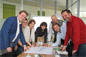 Ein Foto des Projektteams – aufgenommen noch vor dem Ausbruch der Corona-Pandemie. Nunmehr erfolgt die Zusammenarbeit auf digitalem Weg. Das Projektteam © Münsterland e.V.