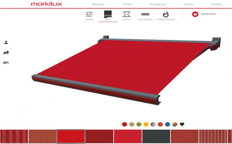 Der neue Produktkonfigurator von markilux hat eine noch intuitiver bedienbare Navigation bekommen. Zudem bietet er jetzt eine dreidimensionale Produktansicht, die sich in alle Richtungen schwenken lässt. So kann man die getroffene Auswahl von Markise, Tuch und Zubehör aus verschiedenen Perspektiven und auch an einer Hausansicht betrachten. - Foto: markilux