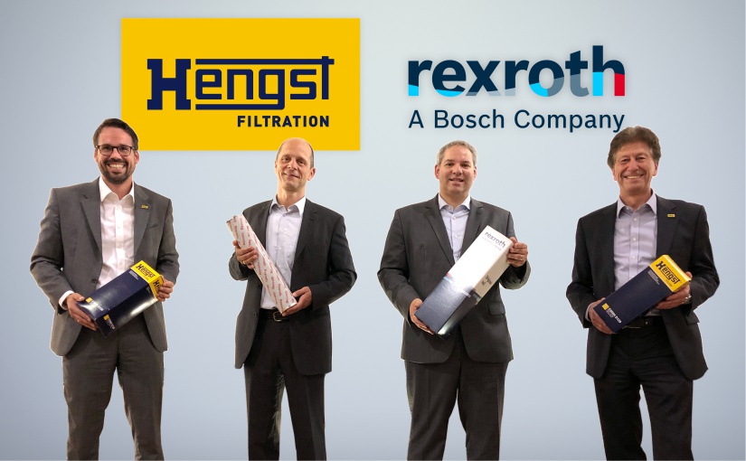 Die Unterzeichnung des Kaufvertrags (Signing) ist am 16.07.2020 erfolgt, v.li.: Christopher Heine (CEO Hengst), Uwe Thiedemann (Werkleiter Bosch Rexroth Filtration Ketsch), Volker Schiek (Senior Vice President Bosch Rexroth), Volker Plücker (Group Vice President Filtration for Industry & Environment Hengst). - Foto: Hengst