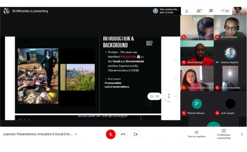 Das Team „Green Mission“ will die Verschmutzung vor Ort bekämpfen und präsentierte sein Konzept virtuell vor Vertretern der Jury – rechts unten im Bild ist Claudia Umanzor von der MSB zu sehen. (Foto: Mpho Letsoalo)