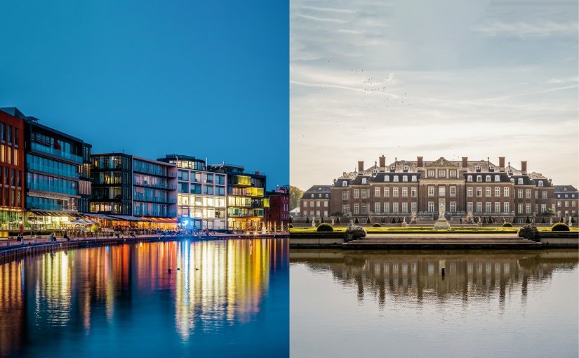 Die gute Verbindung von Stadt und Land soll das Bild des Münsterlandes prägen. Hier der Hafen in Münster und das Schloss Nordkirchen. Stadt und Land. - Foto: © Münsterland e.V./Christoph Steinweg