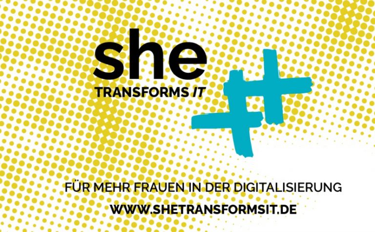 Die Initiative „#SheTransformsIT“ setzt sich für Reformen in der Bildung, einen Wandel in der Unternehmenskultur und mehr Sensibilität für Genderstereotype ein. - Logo: SheTransformsIT