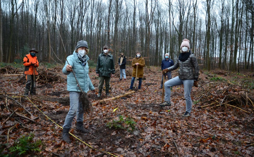 Die fleißigen Helfer der Pflanzaktion, darunter auch einige Auszubildene der Gauselmann Gruppe trotzen dem regnerischen Wetter am Pflanztag. - Foto: Gauselmann Gruppe