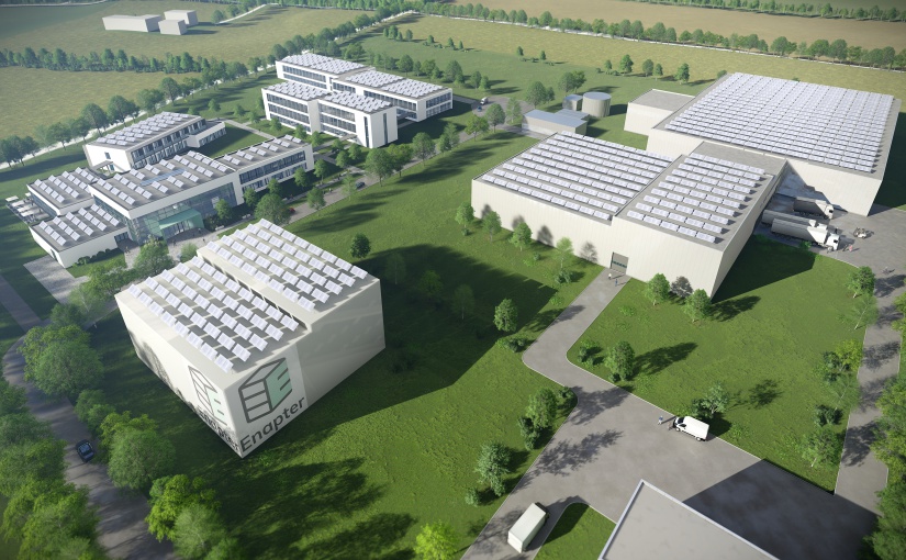 Die Visualisierung des Enapter Campus, welcher vollständig mit regenerativen Energien versorgt wird. - Bild: GOLDBECK GmbH