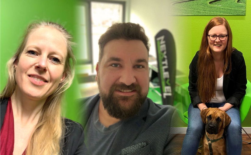 Das Team von Next Level – aktiv im Homeoffice und vor einer virtuellen Messe-Insel // Andrea Rabe, Tobias Busche und Katrin Hennemeier (mit Hund). - Foto: Next Level