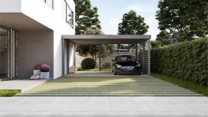 Die greenstar Rasenplatte eignet sich mit ihrer geraden Linienführung besonders für den Einsatz in der sachlich-modernen Architektur (Foto: F. C. Nüdling, Fulda)