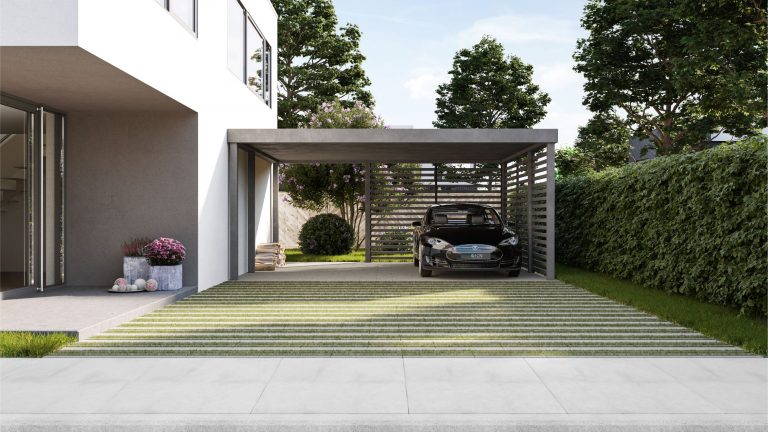 Die greenstar Rasenplatte eignet sich mit ihrer geraden Linienführung besonders für den Einsatz in der sachlich-modernen Architektur (Foto: F. C. Nüdling, Fulda)