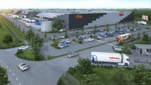 Das neue Zentrallager für STIHL wird Mitte 2022 fertiggestellt, (Foto: OX.11 AGENTUR FÜR VISUALISIERUNG UND KOMMUNIKATION)