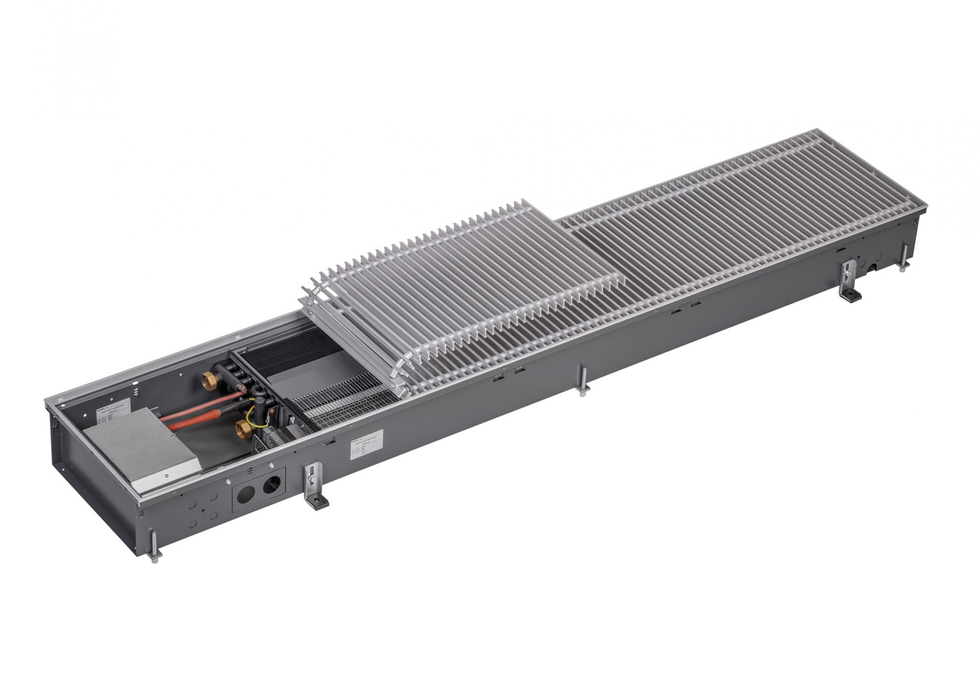 Der Katherm HK E ist ein Hochleistungs-Unterflurkonvektor in 2-Leiter Ausführung mit integriertem Elektroheizstab für direktes, individuelles Heizen (Foto: Kampmann GmbH & Co. KG)