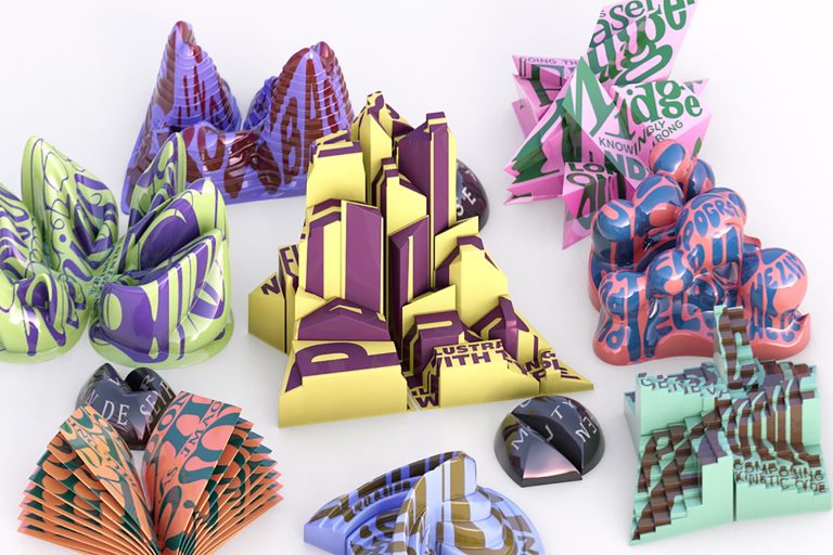 Bunt, laut und mit verzerrten Buchstaben auf dreidimensionalen Formen laden die Visualisierungen auf eine Reise durch Schrift und Raum ein. (Foto: Ultrafett)