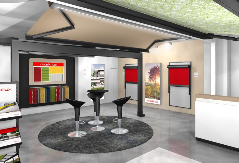 markilux hat seinen Schauraum im Londoner „Business Design Center“ vergrößert. Auf fast der doppelten Fläche finden jetzt mehr Markisenmodelle des Herstellers Platz. So stellt das Unternehmen auch einige Modelle zur Großflächenbeschattung aus. (Foto: markilux)