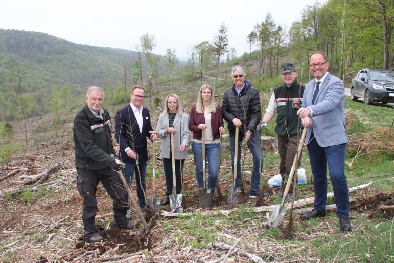 Hans-Ulrich Braun (Leiter Forstabteilung), Jens Beining (CEO Wortmann), Olga Wedel, Sarah Schröder, Andreas Burmeister (Projektteam Wortmann), Stefan Schreiber (Revierförster Hiddesen), Jörg Dünning-Gast (Verbandsvorsteher Landesverband Lippe) (Foto: Wortmann)