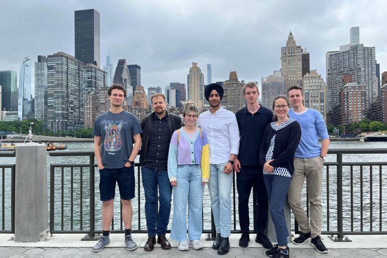 Bei dem Besuch auf Roosevelt Island stellt sich die Gruppe für ein Erinnerungsfoto vor der New Yorker Skyline auf. (Foto: Campus OWL New York/FH Bielefeld)