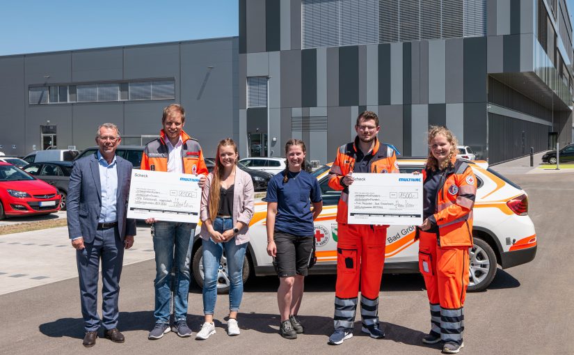 (v.l.n.r.): Christian Traumann (Geschäftsführender Direktor MULTIVAC), Julian Hirschmann (Bereitschaftsleiter BRK Bereitschaft Bad Wiggensbach), Sarah Huber (Stellv. Vorsitzende der JAV MULTIVAC), Sabrina Endres (Vorsitzende JAV MULTIVAC), Tobias Essmann (Helfer First Responder-Team Bad Grönenbach), Larissa Ledermann (Med. Leitung First Responder Bad Grönenbach). (Foto: Multivac)