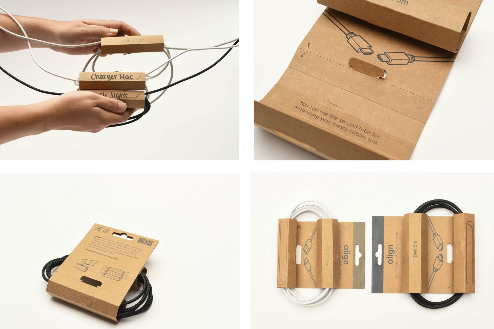 Mit ihrer nachhaltigen Kabelverpackung „align“, die sich auch zum Organisieren von Kabeln nutzen lässt, konnten Anna Grubing, Sabrina Hofmann und Daria-Luna Sagurna die Jury des Pro Carton Young Designers Award überzeugen. (Foto: FH Münster/Fachbereich Design)