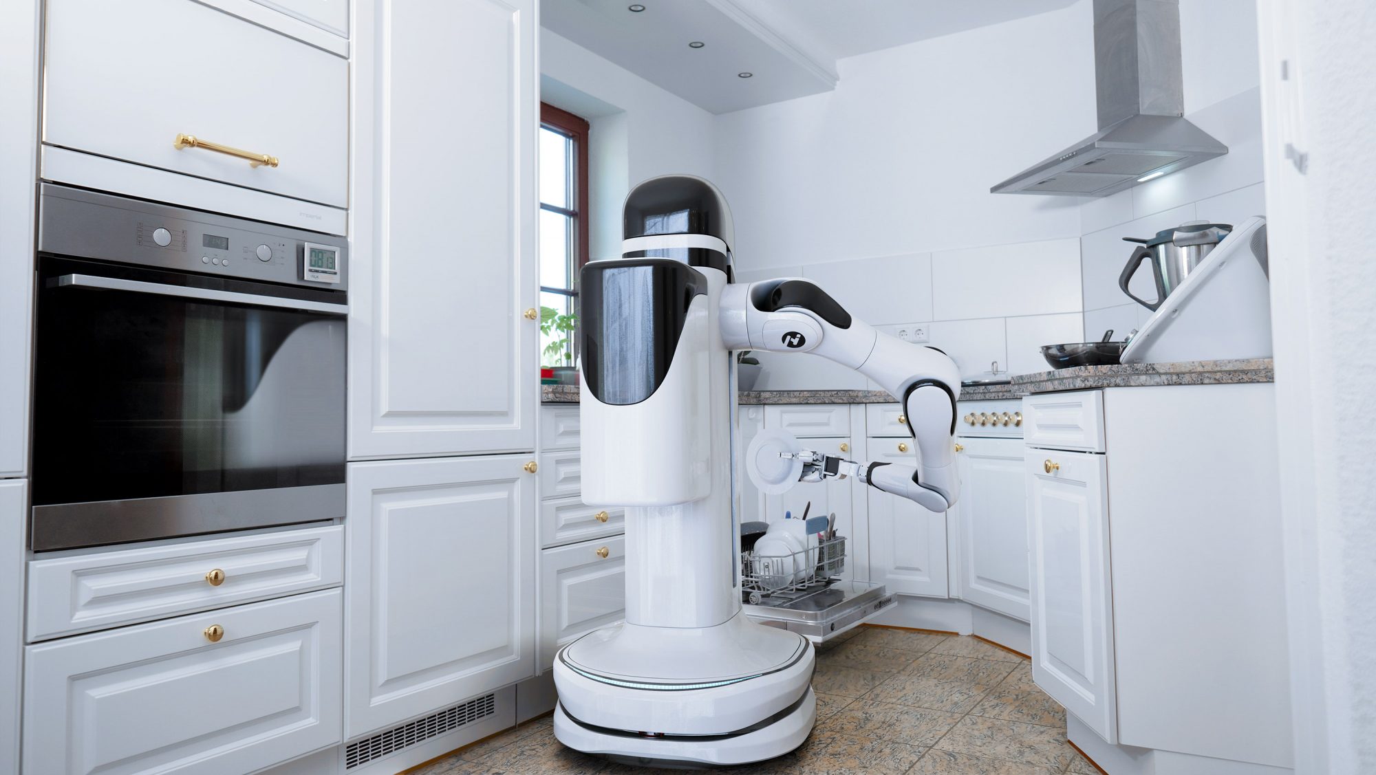 Wie kann ein Roboter in der Küche unterstützen? Das neue it’s OWL Projekt „MenschRoboter-Kollaboration in der Küche der Zukunft“ beschäftigt sich mit der Entwicklung eines Service-Roboters, der den Geschirrspüler ein- und ausräumt. (Foto: Neura Robotics GmbH)