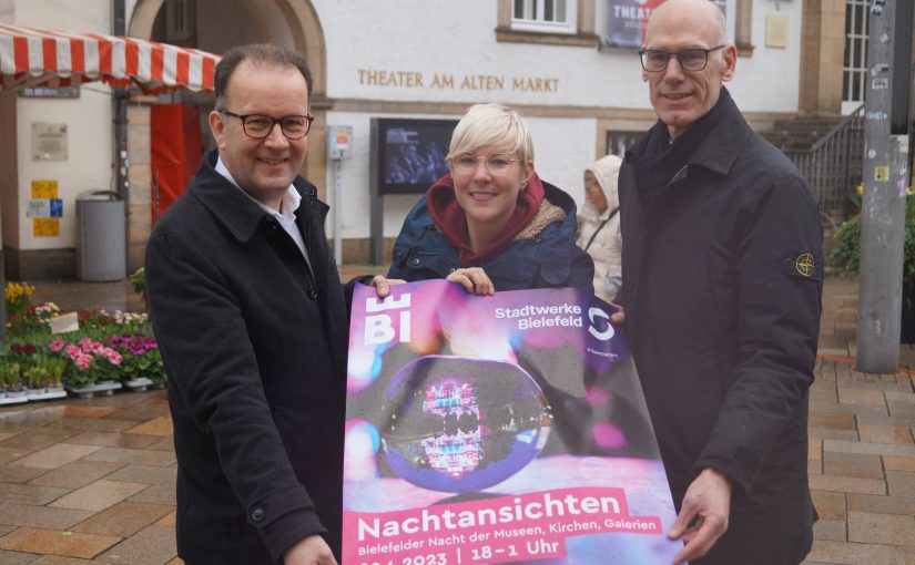 (v. l.) Martin Knabenreich, Katharina Schilberg (beide Bielefeld Marketing) und Rainer Müller (Stadtwerke Bielefeld) freuen sich auf ein abwechslungsreiches Nachtansichten-Programm mit rund 50 teilnehmenden Kulturorten. (Foto: Bielefeld Marketing GmbH)