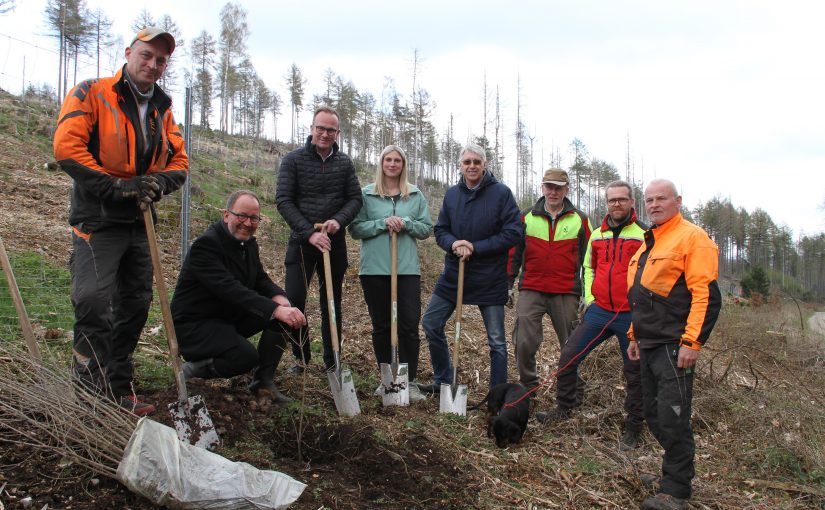 von links nach rechts: Sascha Stephan (Forstwirt), Jörg Düning-Gast, Jens Beining (CEO Wortmann), Sarah Schröder und Andreas Burmeister (Projektteam Wortmann), Hermann Kaiser (Revierförster), Jan-Otto Hake (Leiter der Forstabteilung mit Dackel Ludwig) und Wolfram Arlt (Forstwirt) (Foto: Wortmann)