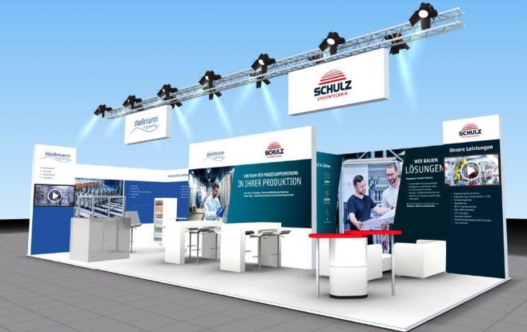 Der ganzheitliche Service von Wellmann und SCHULZ wird auch am Stand sichtbar: Außer nebeneinander liegenden eigenen Bereichen der Unternehmen, gibt es auch einen hervorgehobenen zentralen gemeinsamen Bereich. (Foto: Wellmann Anlagentechnik GmbH)