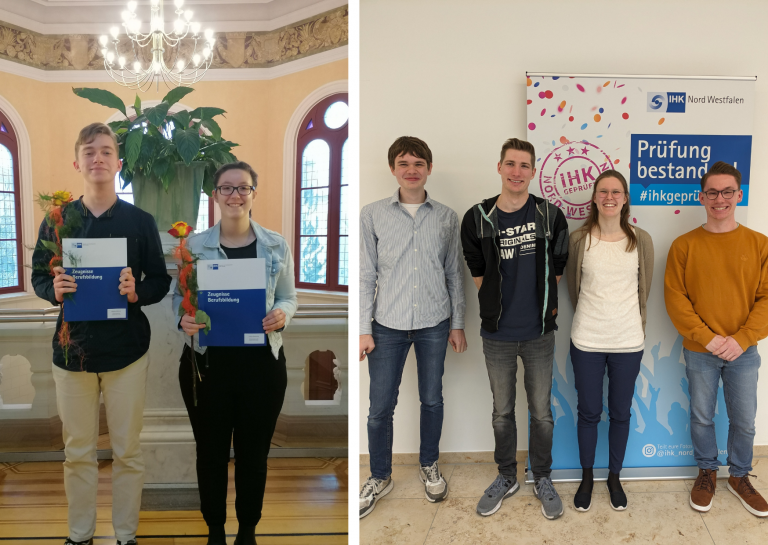 Wurden für ihren Fleiß mit tollen Abschlussergebnissen belohnt: Die WESSLING Auszubildenden Bastian Mühlner und Laura Gemming vom Standort Halle/Saale (linkes Bild) sowie Niklas Schumacher, Erik Essing, Sarah Pagenkämper und Maurice Kamp vom Standort Altenberge (rechtes Bild, v.l.) freuen sich über ihre Abschlusszeugnisse - herzliche Glückwünsche! (Foto: WESSLING)