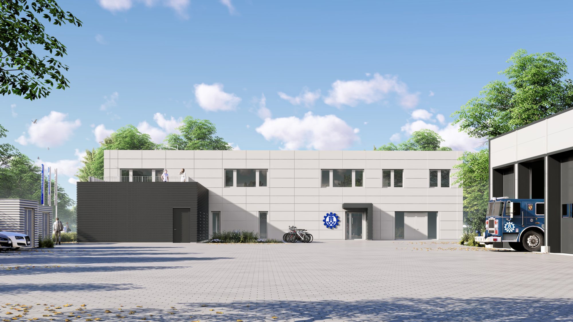 Klare Gliederung – Ortsverbandsgebäude und Einsatzfahrzeughalle sind über den Hof verbunden (Foto: Goldbeck GmbH)