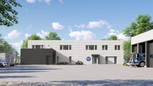 Klare Gliederung – Ortsverbandsgebäude und Einsatzfahrzeughalle sind über den Hof verbunden (Foto: Goldbeck GmbH)