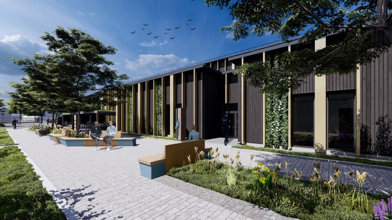 Die Außenanlagen schaffen mit viel grüner Fläche zwischen und an den Gebäuden selbst einen zukunftsweisenden Arbeits- und Lebensraum für die Zollbediensteten. Zudem profitiert die Biodiversität. (Foto: Goldbeck GmbH)