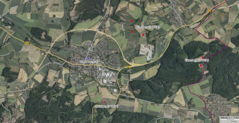 Die Karte zeigt die Barntruper Projektstandorte Eilenberg (3 WEA), Elkenberg (2 WEA) und Steinberg (1 WEA) für die beantragten Windenergieanlagen. (Eigene Darstellung, Kartengrundlage: www.tim-online.nrw.de/tim-online2) (Foto: Stadtwerke Lemgo)