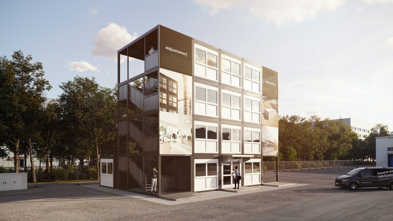 So wird die mehrstöckige Messeanlage von ELA Container auf der bauma 2025 aussehen. ELA Container sind vierfach stapelbar und bieten damit viel Raum auch auf begrenzter Grundfläche. (Foto: ELA Container GmbH)