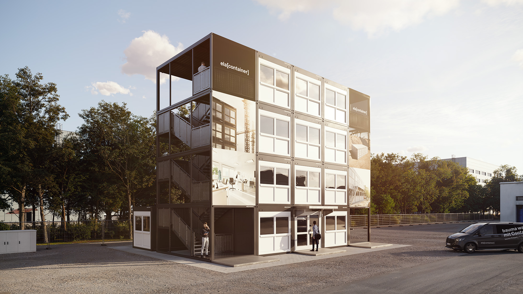 So wird die mehrstöckige Messeanlage von ELA Container auf der bauma 2025 aussehen. ELA Container sind vierfach stapelbar und bieten damit viel Raum auch auf begrenzter Grundfläche. (Foto: ELA Container GmbH)