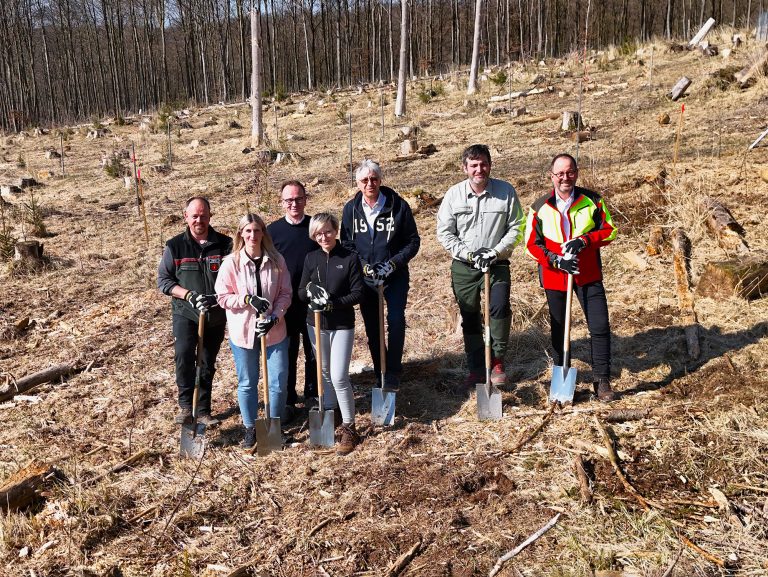 Jens Tegtmeier (Revierförster), Sarah Riedel (Projektteam Wortmann), Jens Beining (CEO Wortmann Gruppe), Olga Wedel (Projektteam Wortmann), Andreas Burmeister (Projektteam Wortmann), Christopher Kroos (kommissarischer stellvertretender Leiter Forstabteilung), Jörg Düning-Gast (Verbandsvorsteher Landesverband Lippe) (Foto: Landesverband Lippe)