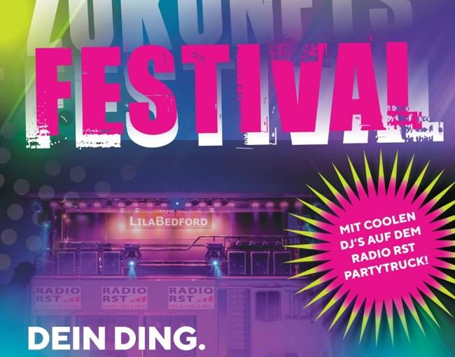 Buntes Festivalplakat des Zukunftsfestivals Rheine 2025 mit Datum, Uhrzeit, Location und Slogan (Foto: EWG für Rheine mbH)