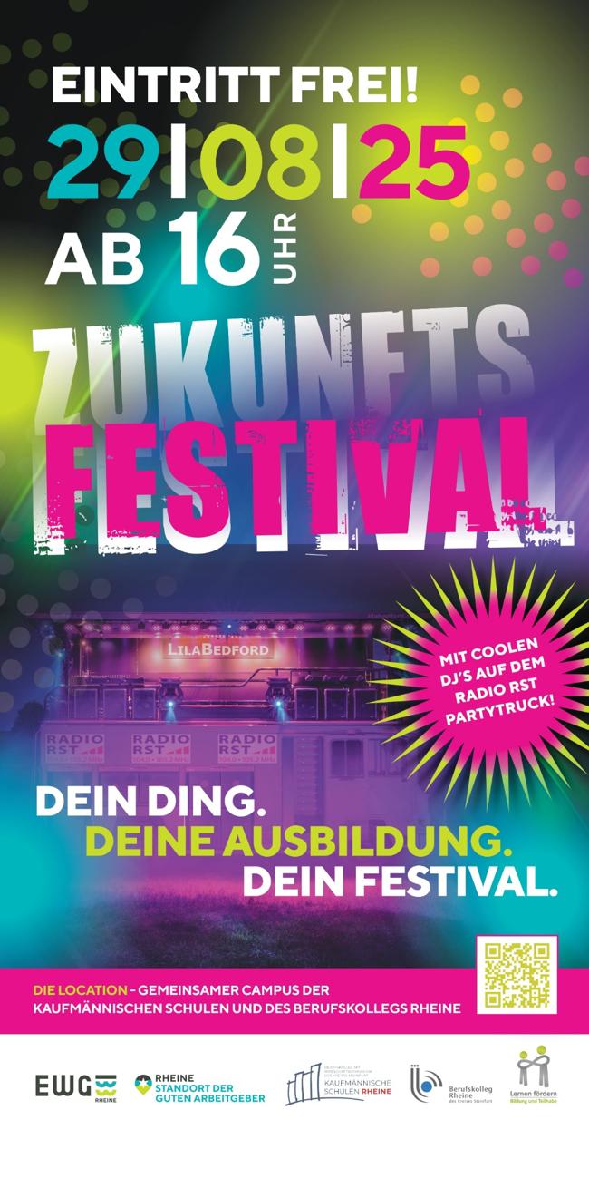 Buntes Festivalplakat des Zukunftsfestivals Rheine 2025 mit Datum, Uhrzeit, Location und Slogan (Foto: EWG für Rheine mbH)