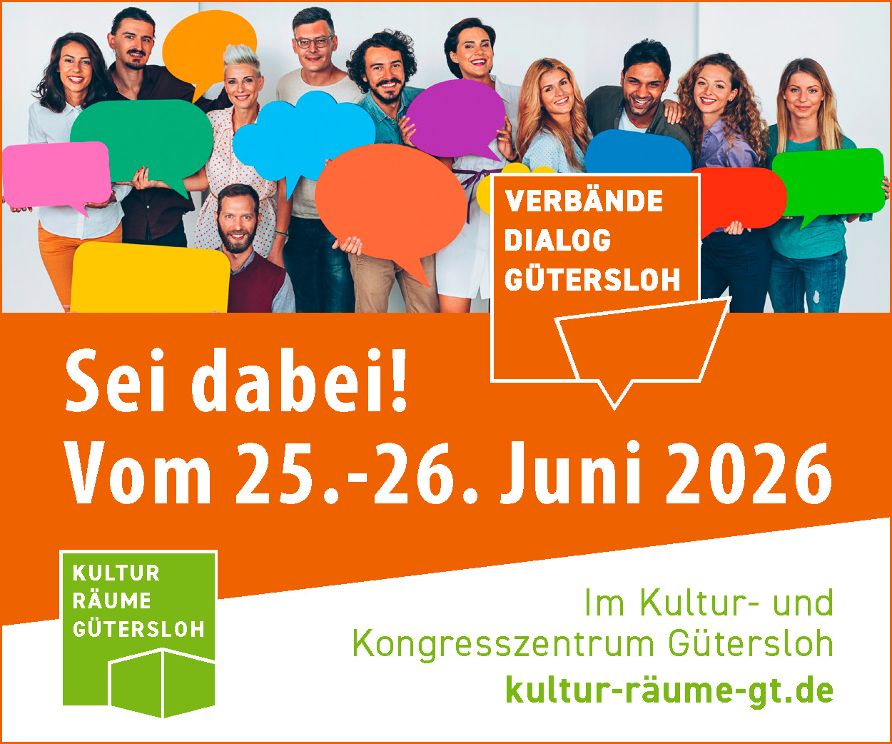 Werbebanner „Verbände Dialog Gütersloh“ mit Gruppe von Menschen und bunten Sprechblasen – Einladung „Sei dabei!“ am 25.–26. Juni 2026 im Kultur- und Kongresszentrum Gütersloh (kultur-raeume-gt.de).