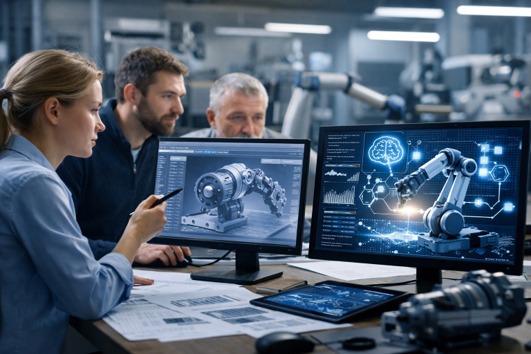 Ingenieurteam im Maschinenbau arbeitet an digitaler Konstruktion und KI-gestützter Entwicklung