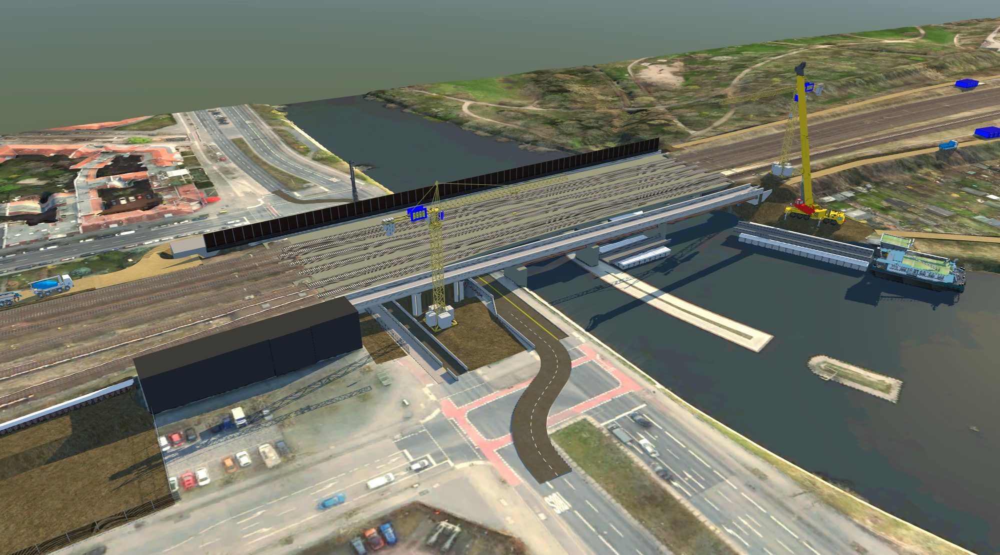 Visualisierung der Reaktivierung der Siemensbahn in Berlin mit Trasse, Gleisen und Baukränen am Gewässer