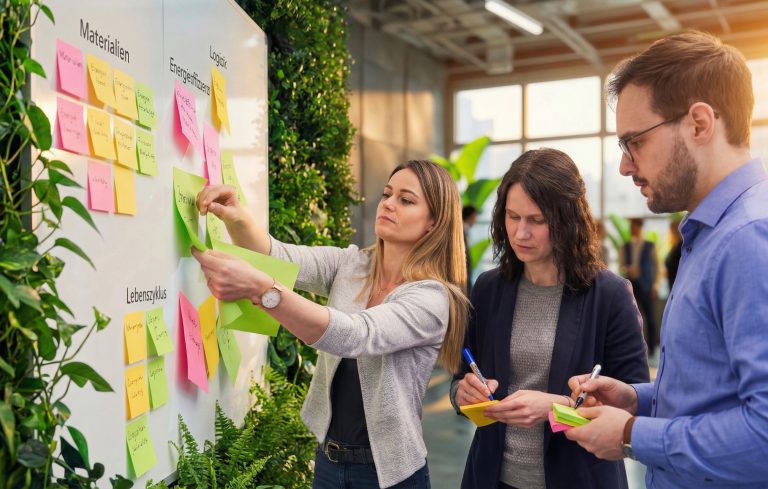 Drei Personen erarbeiten an einem Whiteboard mit Haftnotizen Maßnahmen zu Materialien, Energieeffizienz, Logistik und Lebenszyklus.