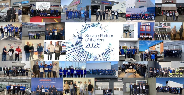 Collage mit ausgezeichneten Schmitz-Cargobull-Servicepartnern aus verschiedenen europäischen Ländern und dem Schriftzug „Service Partner of the Year 2025“