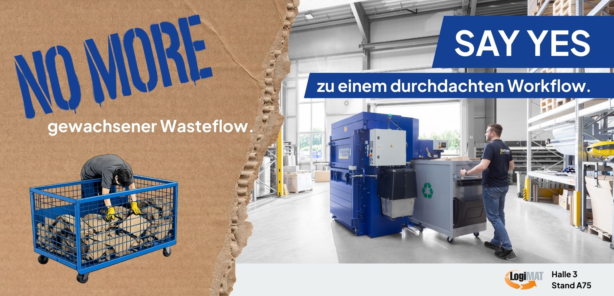 Werbegrafik von Strautmann zur LogiMAT 2026 mit Ballenpresse in einer Lagerhalle und dem Slogan zur Integration von Entsorgung in den Workflow