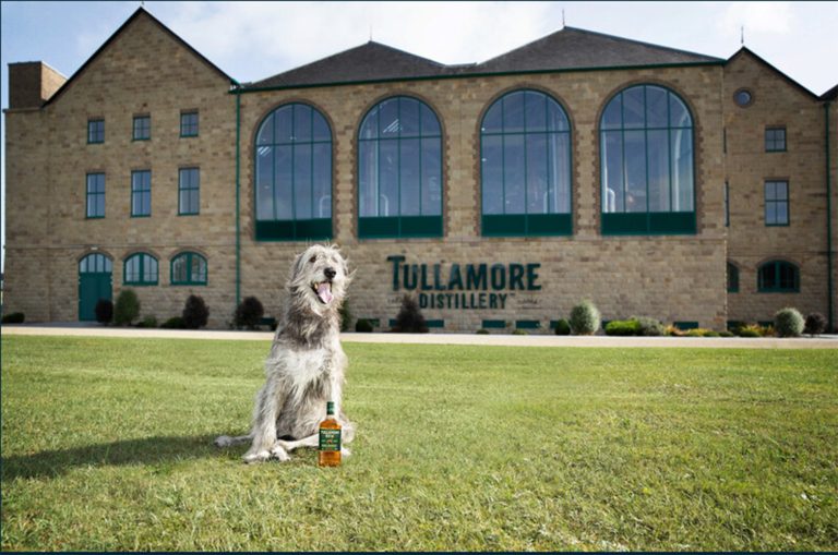 Gebäude der Tullamore Distillery mit einem Hund auf der Rasenfläche vor dem Eingang und einer Flasche Tullamore DEW im Vordergrund