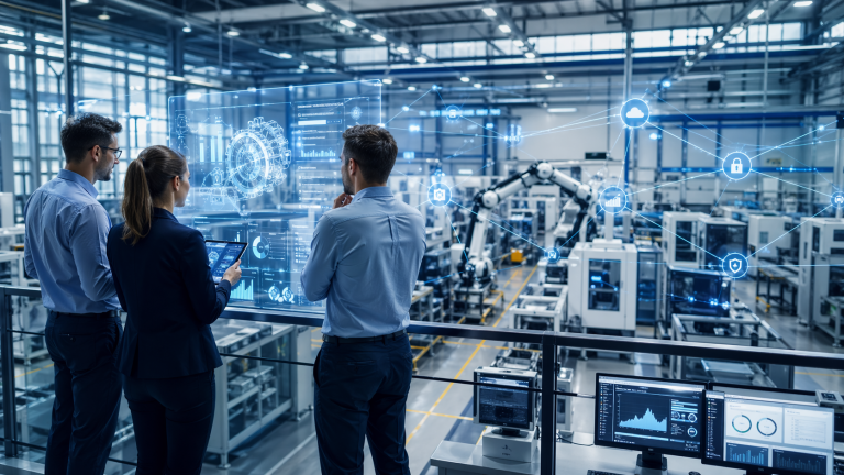 Symbolbild zur Digitalisierung im Maschinen- und Anlagenbau mit vernetzter Produktion und digitalen Steuerungssystemen