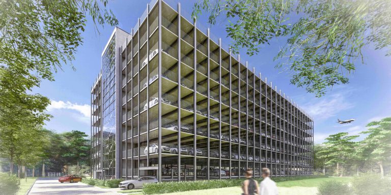 Visualisierung des Parkhauses Westgate nahe dem Flughafen Berlin Brandenburg mit mehrgeschossiger Parkstruktur und Grünflächen