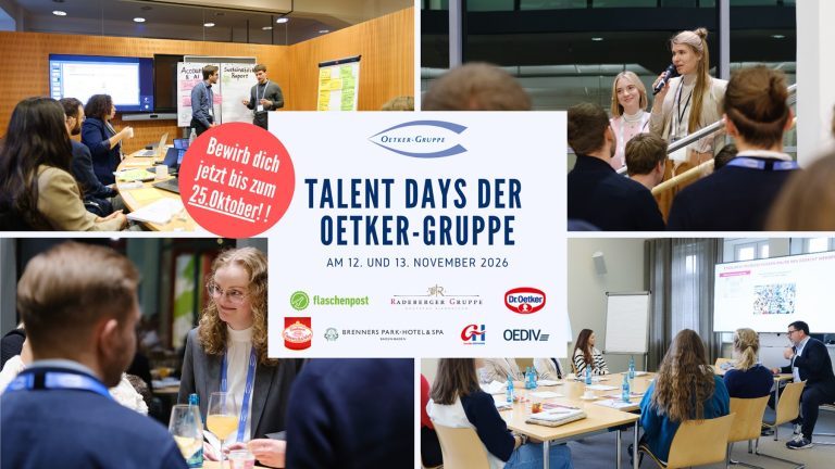 Pressemotiv der Oetker Talent Days am 12. und 13. November 2026 mit Bewerbungsschluss am 25. Oktober