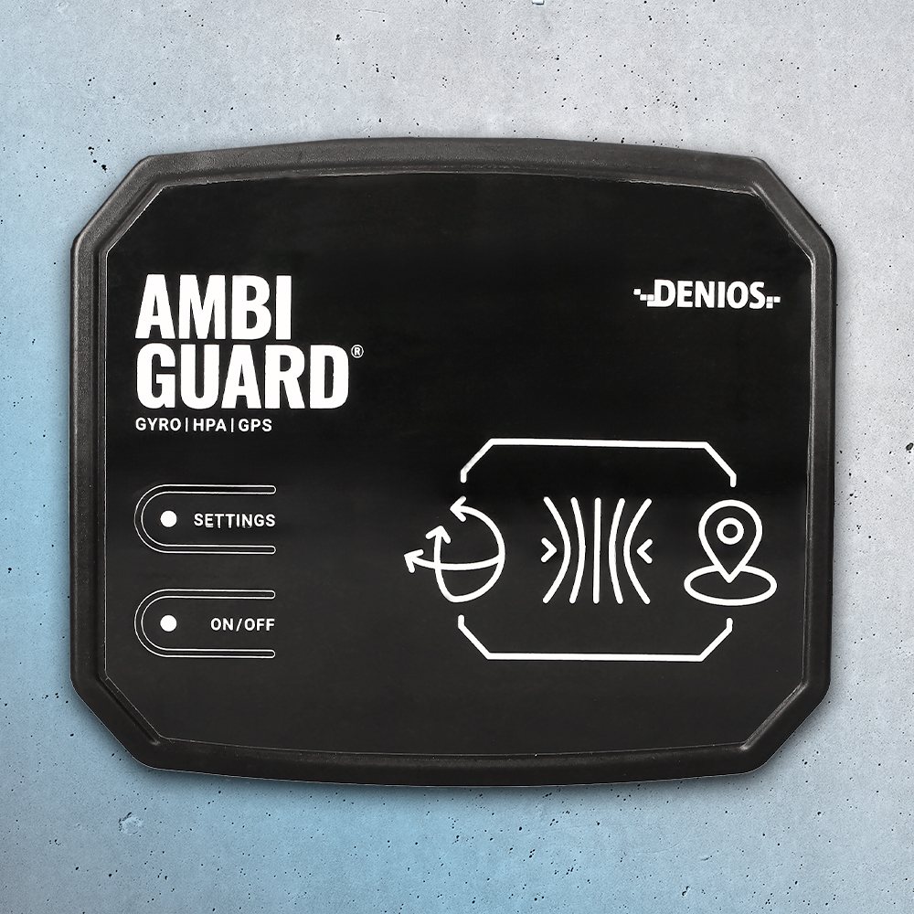 AmbiGuard-Gerät von DENIOS mit Symbolen für Bewegung, Luftdruck und Standort